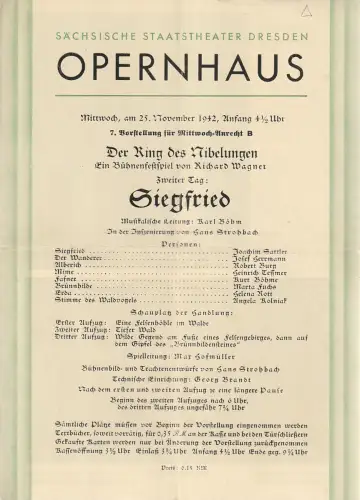 Sächsische Staatstheater Dresden Opernhaus: Programmheft Richard Wagner SIEGFRIED 25. November 1942. 