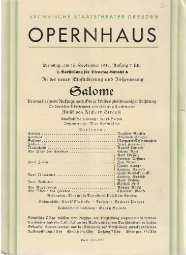 Sächsische Staatstheater Dresden Opernhaus: Programmheft Richard Strauß SALOME 16. September 1941. 