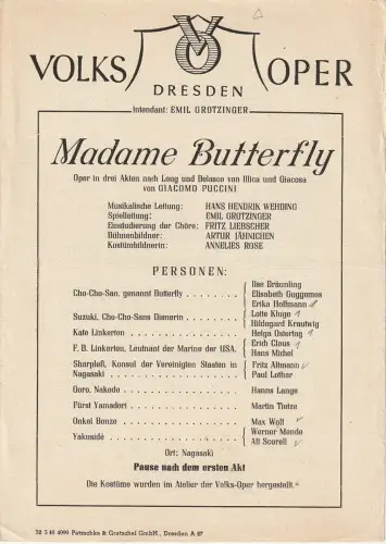 Volksoper Dresden, Emil Grotzinger: Theaterzettel Giaomo Puccini MADAME BUTTERFLY. 