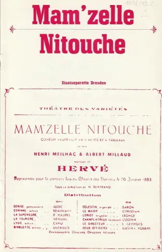 Staatsoperette Dresden, Reinhold Stövesand, Jochen Paentzer, Ekkehard Walter: Programmheft Florimond Herve MAM´ZELLE NITOUCHE Premiere 20. Dezember 1978 Spielzeit 1978 / 79 Nr. 2. 