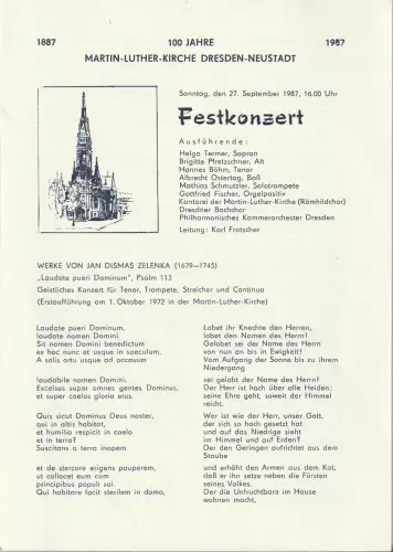 Martin-Luther Gemeinde Dresden-Neustadt: Programmheft FESTKONZERT 100 JAHRE MARTIN-LUTHER-KIRCHE DRESDEN-NEUSTADT 1987. 