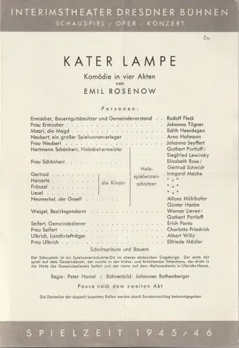 Interimstheater Dresdner Bühnen, Wolf Goette: Theaterzettel Emil Rosenow KATER LAMPE Interimstheater Dresdner Bühnen 1945. 