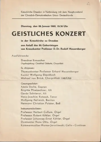 Kreuzkirche Dresden: Programmheft GEISTLICHES KONZERT 28. Januar 1969 Kreuzkirche zu Dresden aus Anlaß des 80. Geburtstages von Kreuzkantor Rudolf Mauersberger. 