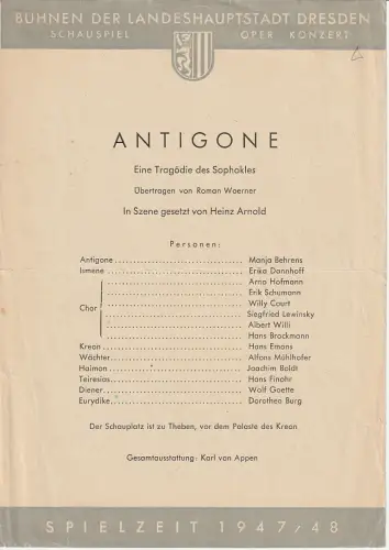 Bühnen der Landeshauptstadt Dresden, Hans Brockmann: Theaterzettel Sophokles ANTIGONE Spielzeit 1947 / 48. 