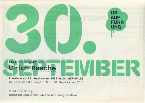 Schauspiel Stuttgart, Staatstheater Stuttgart, Hasko Weber, Strichpunkt, Jörg Bochow: Programmheft Uraufführung Ulrich Rasche 30. SEPTEMBER Premiere 23. September 2011 Werkhalle *112. 