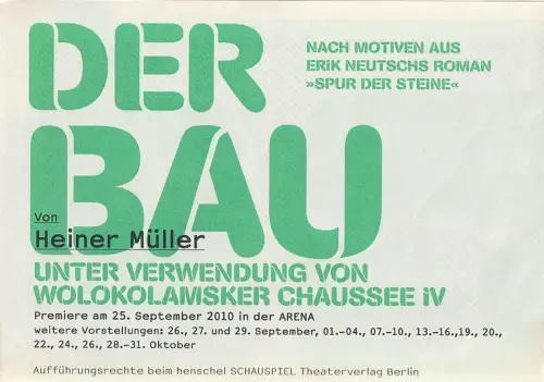 Schauspiel Stuttgart, Staatstheater Stuttgart, Hasko Weber, Strichpunkt, Jörg Bochow: Programmheft Heiner Müller DER BAU Premiere 25. September 2010 Arena *89. 