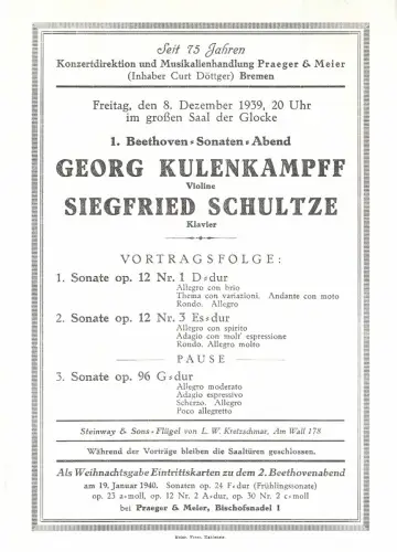 Praeger & Meier, Curt Döttger, Bremen: Programmzettel 1. BEETHOVEN=SONATEN=ABEND 8. Dezember 1939. 