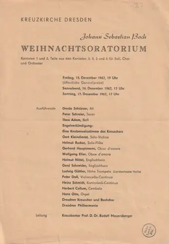 Kreuzkirche Dresden: Programmheft Johann Sebastian Bach WEIHNACHTSORATORIUM 15. 16. + 17. Dezember 1967. 