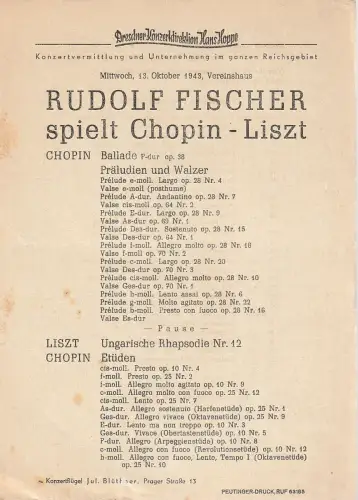 Dresdner Konzertdirektion Hans Hoppe: Theaterzettel RUDOLF FISCHER SPIELT CHOPIN -LISZT 13. Oktober 1943 Vereinshaus. 