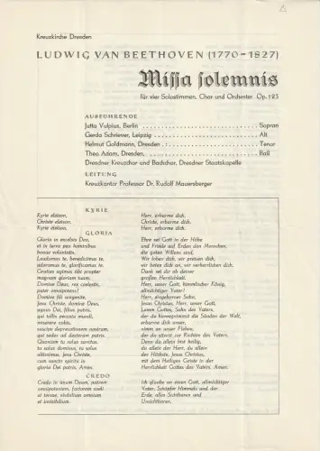 Kreuzkirche Dresden: Theaterzettel Ludwig van Beethoven MISSA SOLEMNIS Kreuzkirche Dresden 1958. 