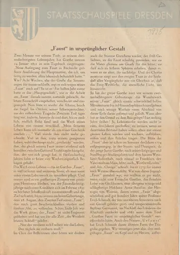 Staatstheater Dresden, Staatsschauspiele, Horst von Diemen: Theaterzettel DER URFAUST Goethes Faust in ursprünglicher Gestalt Dresden 1948. 