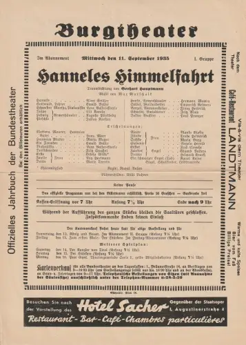Burgtheater Wien: Theaterzettel Gerhart Hauptmann HANNELES HIMMELFAHRT 11. Sepetember 1935. 