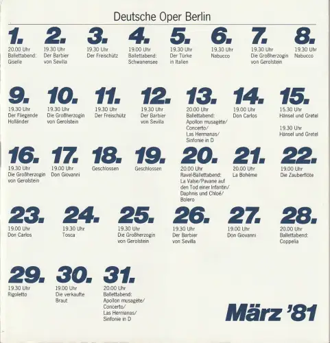 Deutsche Oper Berlin, Siegfried Palm, Karl Dietrich Gräwe, Peter Kain, Curt Roesler: Programmheft Jacques Offenbach DIE GROßHERZOGIN VON GEROLSTEIN 10. März 1981. 