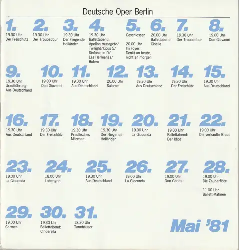 Deutsche Oper Berlin, Siegfried Palm, Karl Dietrich Gräwe, Peter Kain, Curt Roesler: Programmheft TANZDRAMA Valery Panov DER IDIOT 21. Mai 1981. 