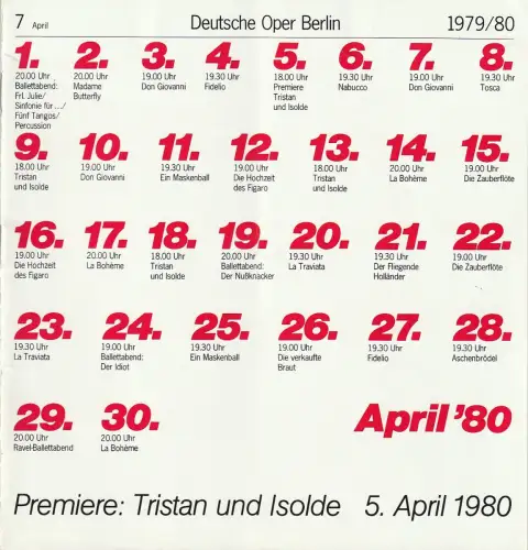 Deutsche Oper Berlin, Siegfried Palm, Karl Dietrich Gräwe, Edmund Gleede, Peter Kain: Programmheft RAVEL-BALLETTABEND  LA VALSE 29. Aril 1980 Spielzeit 1979 / 80 Heft 7 April 80. 