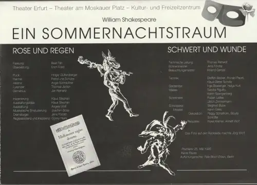 Theater Erfurt, Theater am Moskauer Platz - Kultur und Freizeitzentrum, Dietrich Taube, Jens Ponath: Programmheft William Shakespeare EIN SOMMERNACHTSTRAUM Premiere 25. Mai 1995. 