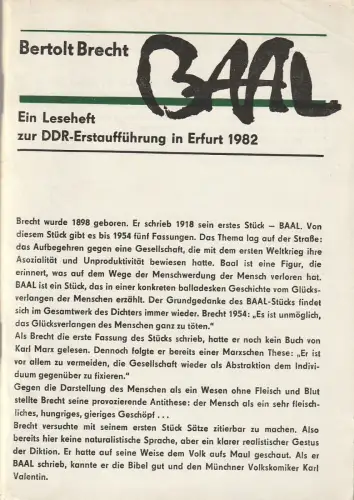 Städtische Bühnen Erfurt, Bodo Witte, Lothar Ehrlich, Friedo Solter, Hans Nadolny, Harald Gerlach, Regina Holland-Cunz: Programmheft Bertolt Brecht BAAL Städtische Bühnen Erfurt 1982. 