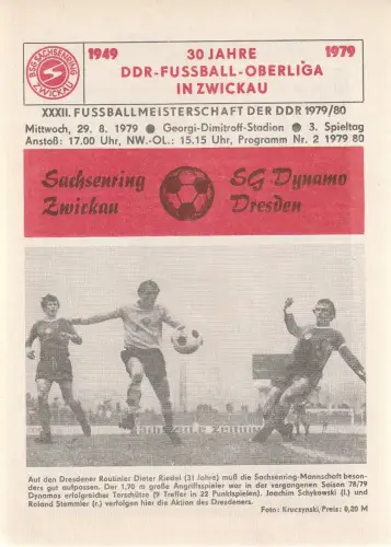 Sachsenring Zwickau: Programmheft SACHSENRING ZWICKAU - SG DYNAMO DRESDEN 29. August 1979 Programm Nr. 2 1979 / 80. 