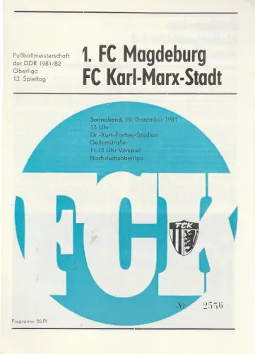 FC Karl-Marx-Stadt: Programmheft 1. FC Magdeburg - FC KARL-MARX-STADT 19. Dezember 1981. 