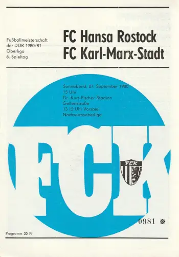 FC Karl-Marx-Stadt: Programmheft FC HANSA ROSTOCK - FC KARL-MARX-STADT 27. September 1980. 