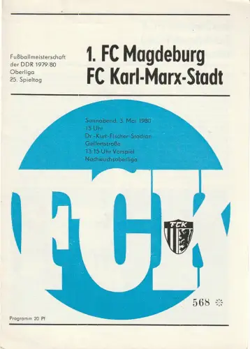 FC Karl-Marx-Stadt: Programmheft 1. FC MAGDEBURG - FC KARL-MARX-STADT 3. Mai 1980. 