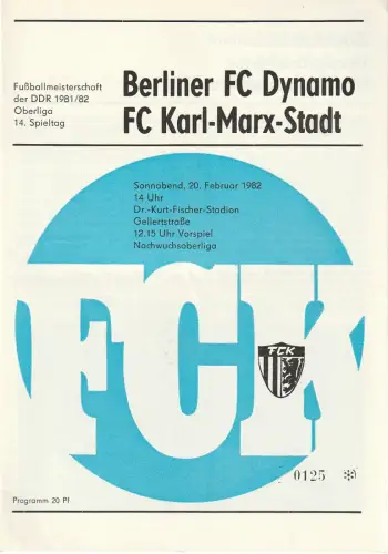 FC Karl-Marx-Stadt: Programmheft BERLINER FC DYNAMO - FC KARL-MARX-STADT 20. Februar 1982. 