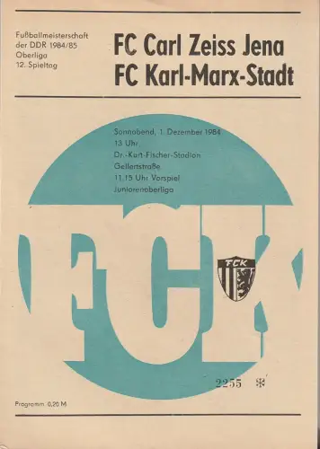 FC Karl-Marx-Stadt: Programmheft FC CARL ZEISS JENA - FC Karl-Marx-Stadt 1. Dezember 1984. 