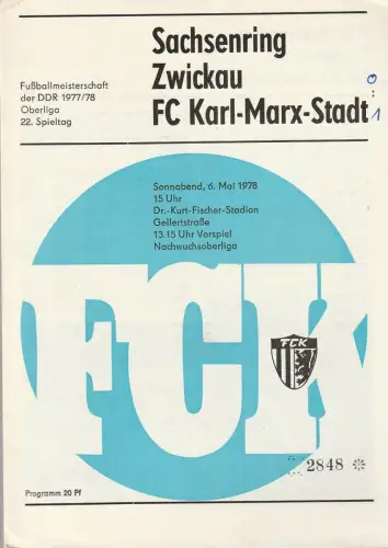 FC Karl-Marx-Stadt: Programmheft SACHSENRING ZWICKAU - FC Karl-Marx-Stadt 6. Mai 1978. 