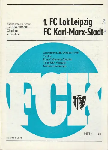 FC Karl-Marx-Stadt: Programmheft 1. FC LOK LEIPZIG - FC Karl-Marx-Stadt 28. Oktober 1978. 