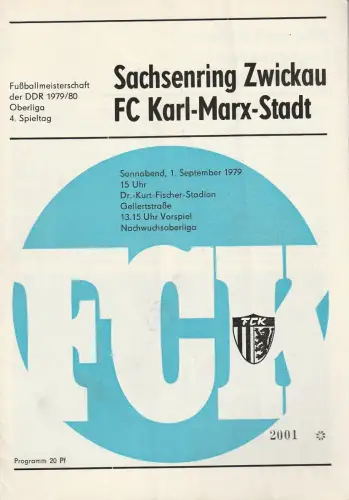 FC Karl-Marx-Stadt: Programmheft SACHSENRING ZWICKAU - FC Karl-Marx-Stadt 1. September 1979. 