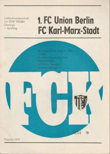 FC Karl-Marx-Stadt: Programmheft 1. FC UNION BERLIN - FC Karl-Marx-Stadt 13. August 1983. 