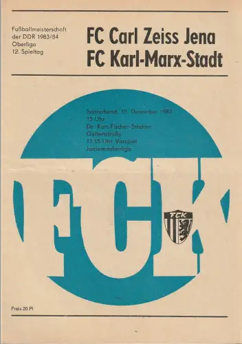 FC Karl-Marx-Stadt: Programmheft FC CARL ZEISS JENA - FC Karl-Marx-Stadt 10. Dezember 1983. 