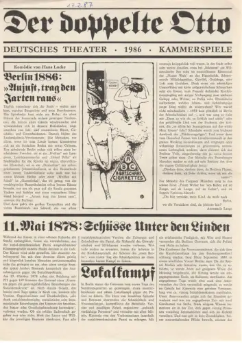 Deutsches Theater Berlin Kammerspiele, Dieter Mann, Hans Nadolny, Grischa Meyer: Programmheft Hans Lucke DER DOPPELTE OTTO Premiere 15. März 1986 Spielzeit 1985 / 86. 