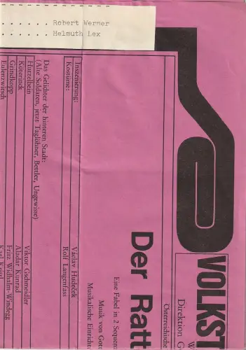 Volkstheater Wien, Gustav Manker: Programmheft Carl Zuckmayer DER RATTENFÄNGER Premiere 20. Dezember 1975. 