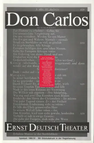 Ernst Deutsch Theater, Friedrich Schütter, Wolfgang Borchert, Merula Steinhardt-Unseld, Kerstin Ramcke: Programmheft Friedrich Schiller DON CARLOS Premiere 11. April 1991 Spielzeit 1990 / 91. 