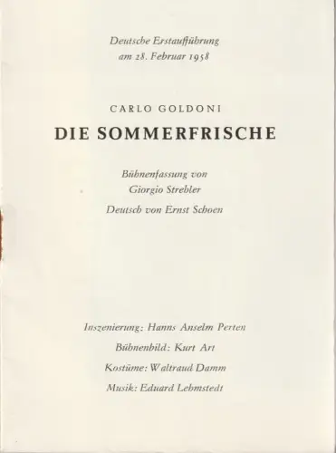 Volkstheater Rostock: Programmheft Carlo Goldoni DIE SOMMERFRISCHE Premiere 28. Februar 1958. 