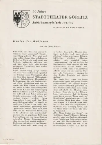 Stadttheater Görlitz, Rolf Prasch, Heinz Wildhagen: Programmheft Jara Benes AUF DER GRÜNEN WIESE Spielzeit 1941 / 42. 