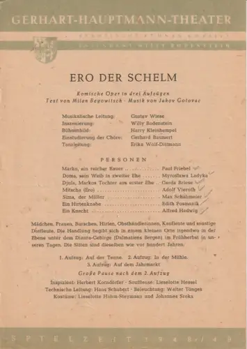 Gerhart-Hauptmann-Theater Görlitz, Willy Bodenstein: Theaterzettel Jakov Gotovac ERO DER SCHELM Spielzeit 1948 / 49. 
