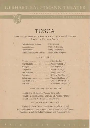 Gerhart-Hauptmann-Theater Görlitz, Willy Bodenstein: Theaterzettel Giacomo Puccini TOSCA Spielzeit 1948 / 49. 