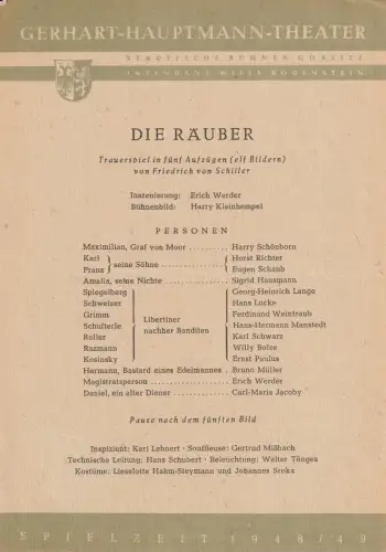 Gerhart-Hauptmann-Theater Görlitz, Willy Bodenstein: Theaterzettel Friedrich Schiller DIE RÄUBER Spielzeit 1948 / 49. 