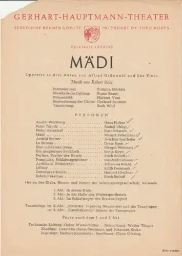 Gerhart-Hauptmann-Theater, Städtische Bühnen, Theo Modes: Theaterzettel Robert Stolz MÄDI Spielzeit 1949 / 50. 