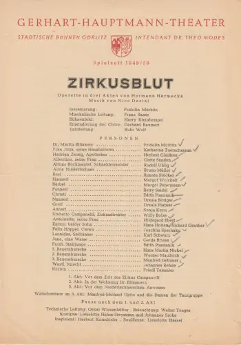 Gerhart-Hauptmann-Theater, Städtische Bühnen, Theo Modes: Theaterzettel Nico Dostal ZIRKUSBLUT Spielzeit 1949 / 50. 