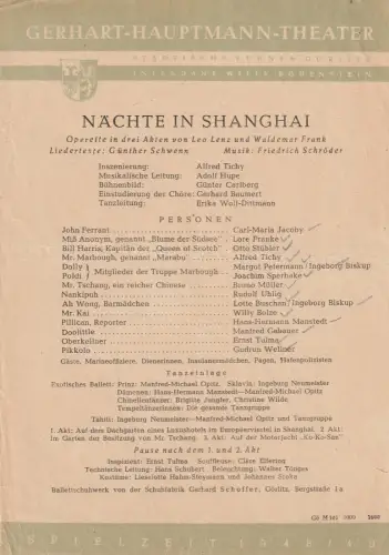 Gerhart-Hauptmann-Theater Görlitz, Willy Bodenstein: Theaterzettel Friedrich Schröder NÄCHTE IN SHANGHAI Spielzeit 1948 / 49. 