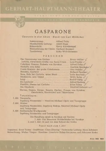 Gerhart-Hauptmann-Theater Görlitz, Willy Bodenstein: Theaterzettel Carl Millöcker GASPARONE Spielzeit 1948 / 49. 