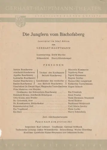 Gerhart-Hauptmann-Theater Görlitz, Willy Bodenstein: Theaterzettel Gerhart Hauptmann DIE JUNGFERN VOM BISCHOFSBERG Spielzeit 1948 / 49. 