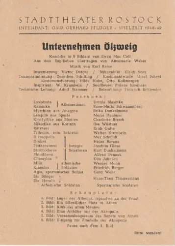 Stadttheater Rostock, Gerhard Pflüger: Theaterzettel Ewan Mac Coll UNTERNEHMEN ÖLZWEIG Spielzeit 1948 / 49. 