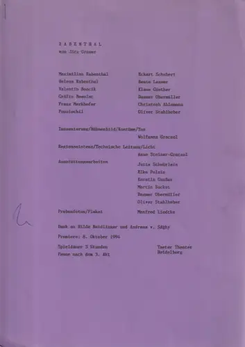 Taeter Theater Heidelberg: Programmheft Jörg Graser RABENTHAL Premiere 8. Oktober 1994. 