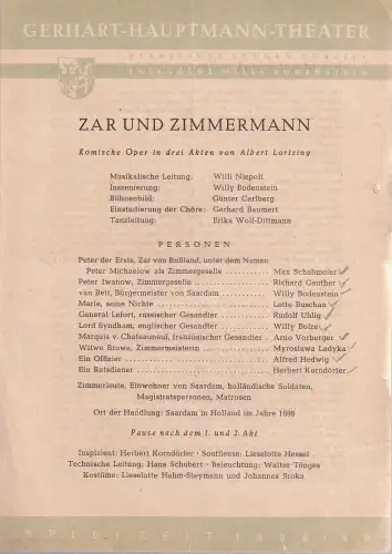 Gerhart-Hauptmann-Theater, Städtische Bühnen Görlitz, Willy Bodenstein: Theaterzettel Albert Lortzing ZAR UND ZIMMERMANN Spielzeit 1948 / 49. 