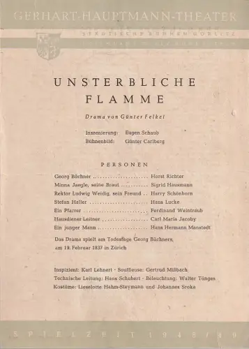 Gerhart-Hauptmann-Theater, Städtische Bühnen Görlitz, Willy Bodenstein: Theaterzettel Günter Felkel UNSTERBLICHE FLAMME Spielzeit 1948 / 49. 