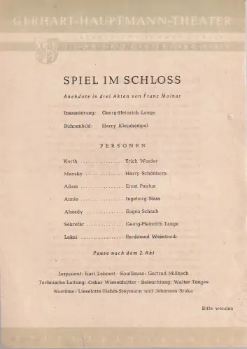 Gerhart-Hauptmann-Theater, Städtische Bühnen Görlitz, Willy Bodenstein: Theaterzettel Franz Molnar SPIEL IM SCHLOSS Spielzeit 1948 / 49. 